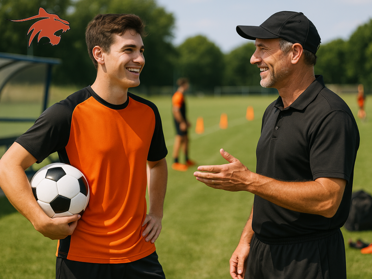 a coach and a soccer player talking
