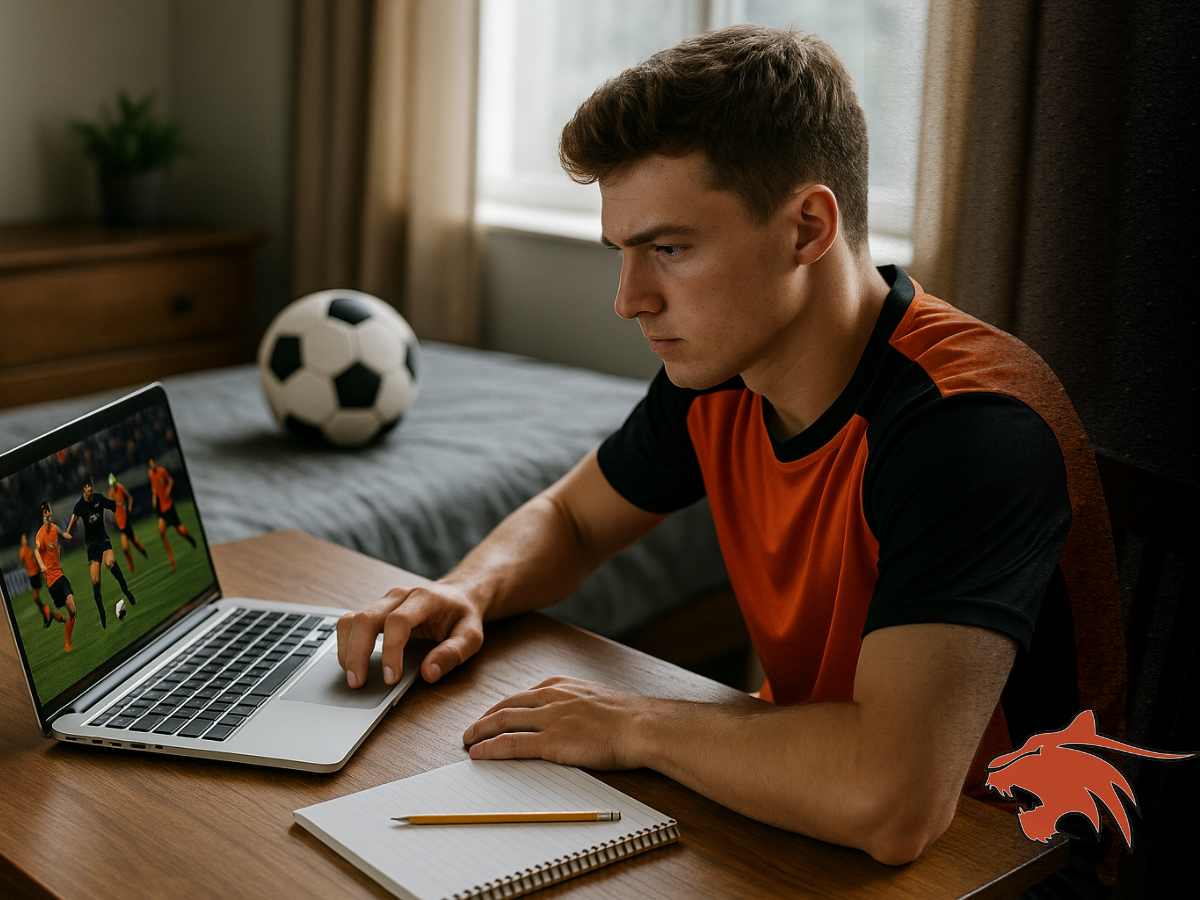 a man sitting at a table with a laptop and a soccer ball